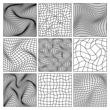 Kablo çerçeve şekilleri, çizgili perspektif örgüsü, üç boyutlu ızgara. Düşük polimetrik elementler. Retro gelecek tasarım elementleri, y2k, buhar dalgası ve sentetik dalga tarzı. Vektör illüstrasyonu.