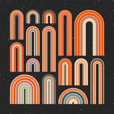 Orta çağ elementleri, modern geometrik şekiller, grunge gökkuşağı. Çağdaş tasarım, minimalist sanat. Duvar dekorasyonu, posterler, kitaplar, kapaklar ve el ilanları için moda tasarım öğeleri. Vektör illüstrasyonu.