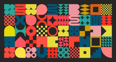 Basit şekilli geometrik doku, semboller. Renkli ilkel elementler ve formlar. Retro tasarım, modaya uygun çağdaş minimalist tarz. Vektör illüstrasyonu.