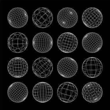 Kablo çerçeve şekilleri, çizgili küre. Perspektif ağı, 3 boyutlu ızgara. Düşük polimetrik elementler. Retro gelecek tasarım elementleri, y2k, buhar dalgası ve sentetik dalga tarzı. Vektör illüstrasyonu.