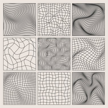 Kablo çerçeve şekilleri, çizgili perspektif örgüsü, üç boyutlu ızgara. Düşük polimetrik elementler. Retro gelecek tasarım elementleri, y2k, buhar dalgası ve sentetik dalga tarzı. Vektör illüstrasyonu.