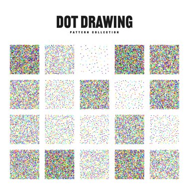Kare şeklinde noktalı nesneler, klasik noktalı elementler. Noktalama, noktalama çizimi, noktalar kullanarak gölgeleme. Yarı ton etkisi. Renkli gürültü tanecikli doku, desen. Vektör illüstrasyonu