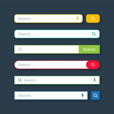 Renkli arama çubuğu şablonları. Arama kutusu, adres çubuğu ve metin alanı olan internet tarayıcı motoru. Kullanıcı tasarımı, web arayüzü ögesi web simgeleri ve düğmeye basın. Vektör illüstrasyonu.