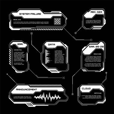 Beyaz fütüristik İYİ, UI elementleri. Bilim kurgu kullanıcı arayüzü mesaj kutuları, çağrılar. Uyarı ileti çerçeveleri, bilgi kutuları şablonu. Modern oyun arayüzü düzeni dijital stilde. Vektör illüstrasyonu.