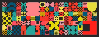 Basit şekilli geometrik doku, semboller. Renkli ilkel elementler ve formlar. Retro tasarım, modaya uygun çağdaş minimalist tarz. Vektör illüstrasyonu.