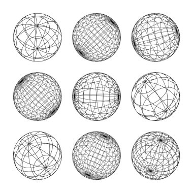 Kablo çerçeve şekilleri, çizgili küre. Perspektif ağı, 3 boyutlu ızgara. Düşük polimetrik elementler. Retro gelecek tasarım elementleri, y2k, buhar dalgası ve sentetik dalga tarzı. Vektör illüstrasyonu.