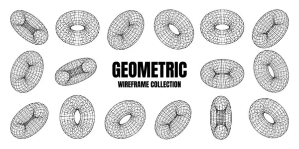 Wireframe Vormen Gevoerde Torus Perspectief Gaas Raster Lage Geometrische Elementen — Stockvector