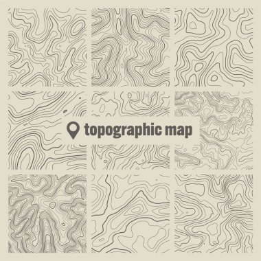 Sınır çizgileri olan topografik harita. Coğrafi arazi şebekesi, rahatlama yüksekliği. Yer yolu deseni. Seyahat ve seyrüsefer, harita tasarım elementi. Vektör illüstrasyonu.