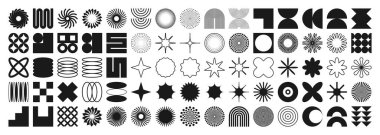 Acımasız geometrik şekiller, semboller. Basit ilkel elementler ve formlar. Retro tasarım, modaya uygun çağdaş minimalist tarz. Vektör illüstrasyonu.