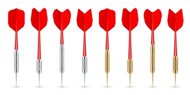 Metal uçlu ve gölgeli kırmızı oklar. Dart atmaca, dart aletleri. Vektör illüstrasyonu.