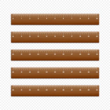 Ölçüm ölçeği ve bölünmesi olan gerçekçi ahşap hükümdarlar, ölçü işaretleri. Okul cetveli, uzunluk ölçümü için santimetre ve inç ölçeği. Ofis malzemeleri. Vektör illüstrasyonu.