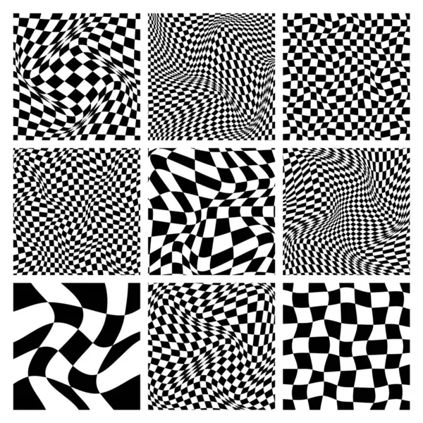 Checkered 까만과 왜곡된 웨이브 기하학 텍스처 스타일의 복고풍 Y2K 일러스트 — 스톡 벡터