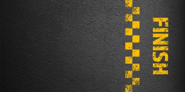 Asfalt yolu, sarı bitiş çizgisi, beton otoyol yüzeyi, doku. Sokak trafiği, yol ayrımı şeridi. Kum tanecikli desen, grunge taşı arkaplan. Vektör illüstrasyonu.