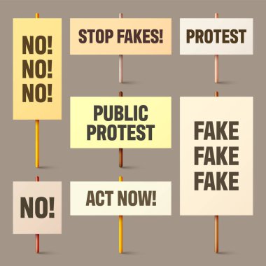 Ahşap tutacağında slogan olan renkli protesto tabelaları. Gerçekçi vektör gösterim pankartı. Eylem karton pano modellemesini sil.