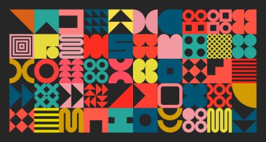 Basit şekilli geometrik doku, semboller. Renkli ilkel elementler ve formlar. Retro tasarım, modaya uygun çağdaş minimalist tarz. Vektör illüstrasyonu.