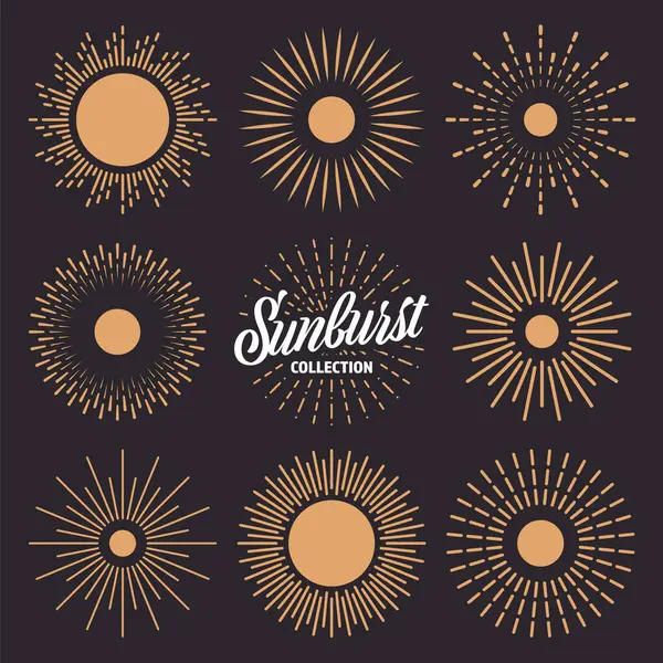 ヴィンテージの日の出 日没のビームコレクション 手のバースト太陽 光線を描いた レトロなスタイルのロゴタイプやレタリングデザイン要素 ベクターイラスト — ストックベクタ