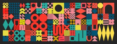 Basit şekilli geometrik doku, semboller. Renkli ilkel elementler ve formlar. Retro tasarım, modaya uygun çağdaş minimalist tarz. Vektör illüstrasyonu.