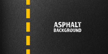 Sarı şerit işaretli asfalt yol, beton yol yüzeyi, doku. Sokak trafiği, yol ayırma şeridi. Kum tanecikli desen, grunge taşı arkaplan. Vektör illüstrasyonu.