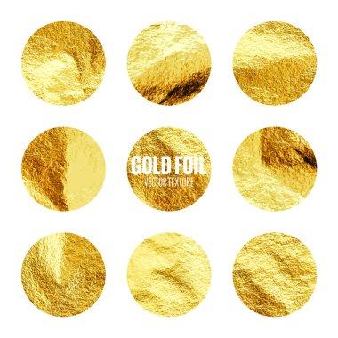 Altın folyo, parlak el yapımı daireler. Altın parıltılı doku, desen. Şatafatlı, parlak arka plan çizimi. Düğün, tebrik kartı dekorasyonu. Modern minimalist sanat. Vektör illüstrasyonu.