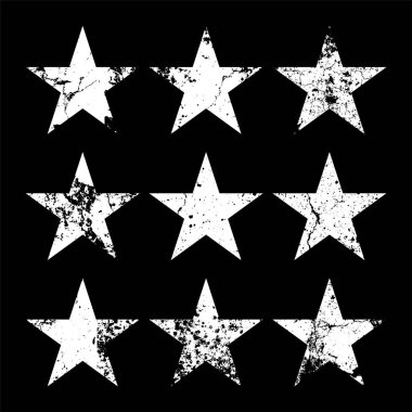 Çatlak ve lekeli klasik yıldızlar. Eski el çizimi, beyaz, basit şekil. Retro tasarım elementi sıkıntılı efekt, grunge doku. Vektör illüstrasyonu.