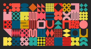 Basit şekilli geometrik doku, semboller. Renkli ilkel elementler ve formlar. Retro tasarım, modaya uygun çağdaş minimalist tarz. Vektör illüstrasyonu.