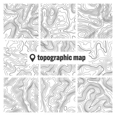 Sınır çizgileri olan topografik harita. Coğrafi arazi şebekesi, rahatlama yüksekliği. Yer yolu deseni. Seyahat ve seyrüsefer, harita tasarım elementi. Vektör illüstrasyonu.