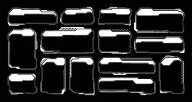 Beyaz fütüristik İYİ, UI elementleri. Bilim kurgu kullanıcı arayüzü mesaj kutuları, çağrılar. Uyarı ileti çerçeveleri, bilgi kutuları şablonu. Modern oyun arayüzü düzeni dijital stilde. Vektör illüstrasyonu.