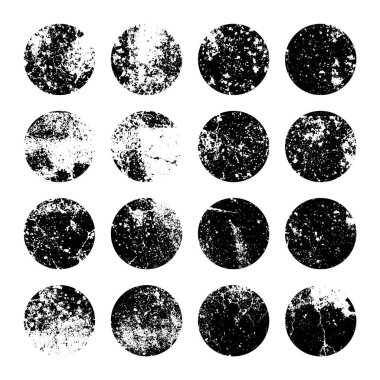 Grunge lekeler ve çiziklerle daireler çiziyor. Çember fırça darbesi, yuvarlak şekil tasarım elementi. Sıkıntılı kirli metin çerçevesi, sınır, çıkartma ya da etiket. Boya fırçası, mürekkep lekeleri. Vektör illüstrasyonu.
