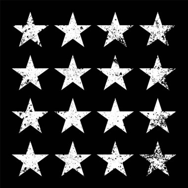 Çatlak ve lekeli klasik yıldızlar. Eski el çizimi, beyaz, basit şekil. Retro tasarım elementi sıkıntılı efekt, grunge doku. Vektör illüstrasyonu.