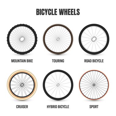 Gerçekçi 3 boyutlu bisiklet tekerlekleri. Bisiklet lastikleri, parlak metal teller ve jantlar. Spor, turne, spor, yol ve dağ bisikleti. Vektör illüstrasyonu.