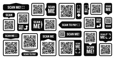 QR kod etiketini tara. Çevrimiçi ödeme. Özel indirim etiketleri, indirim etiketleri ya da promosyon rozeti. Seri numarası, ürün kimliği. Süpermarket perakende etiketi, fiyat etiketi. Vektör illüstrasyonu.