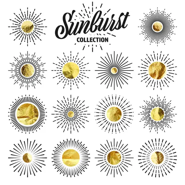 Klasik Güneş Patlaması Günbatımı Işınları Altın Folyo Parlak Yapımı Daireler — Stok Vektör