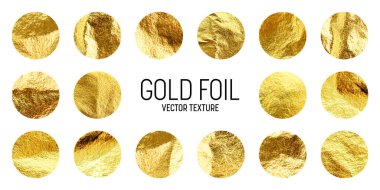 Altın folyo, parlak el yapımı daireler. Altın parıltılı doku, desen. Şatafatlı, parlak arka plan çizimi. Düğün, tebrik kartı dekorasyonu. Modern minimalist sanat. Vektör illüstrasyonu.