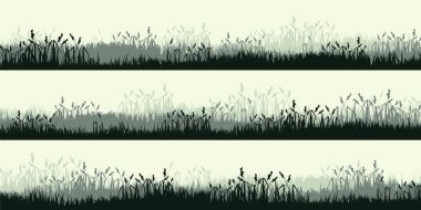 Otlu çayır siluetleri, ovadaki bitkiler. Panoramik yaz çimleri, otlar, çeşitli otlar. Bitki sınırı, çerçeve. Doğa geçmişi. Yeşil yatay pankart. Vektör illüstrasyonu.