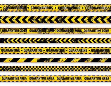 Eski grunge karantina bölgesi uyarı bandı. Romantik koronavirüs salgını. Küresel tecrit. Sarı koronavirüs tehlike şeridi. Polis uyarı hattı, yasak bölge. İnşaat bandı. Vektör illüstrasyonu.