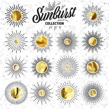 Klasik grunge gün batımı ışınları. Altın folyo, parlak el yapımı daireler. Altın parıltılı doku, desen. El çizimi güneş patlaması, ışık ışınları. Logoti, harfler, eski tarz. Vektör illüstrasyonu.