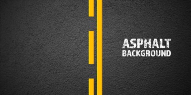 Sarı şerit işaretli asfalt yol, beton yol yüzeyi, doku. Sokak trafiği, yol ayırma şeridi. Kum tanecikli desen, grunge taşı arkaplan. Vektör illüstrasyonu.