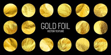 Altın folyo, parlak el yapımı daireler. Altın parıltılı doku, desen. Şatafatlı, parlak arka plan çizimi. Düğün, tebrik kartı dekorasyonu. Modern minimalist sanat. Vektör illüstrasyonu.