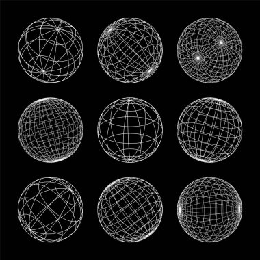 Kablo çerçeve şekilleri, çizgili küre. Perspektif ağı, 3 boyutlu ızgara. Düşük polimetrik elementler. Retro gelecek tasarım elementleri, y2k, buhar dalgası ve sentetik dalga tarzı. Vektör illüstrasyonu.