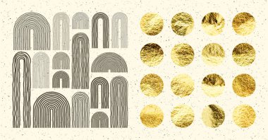 Orta çağ elementleri, modern geometrik şekiller. Altın folyo, parlak el yapımı daireler. Altın parıltılı doku, desen. Çağdaş tasarım, minimalist sanat. El çizgileri. Vektör illüstrasyonu.