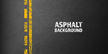 Asfalt yolu, sarı çatlak şerit işareti, beton otoyol yüzeyi, doku. Sokak trafiği, yol ayırma şeridi. Kum tanecikli desen, grunge taşı arkaplan. Vektör illüstrasyonu.