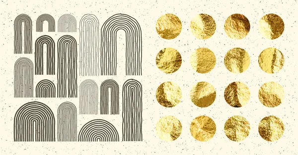 中世のアーチ要素 現代の幾何学的な形状 金ホイル 光沢のある手作りサークル ゴールデン グリッター テクスチャー パターン 現代的なデザイン ミニマリストアート ストックイラスト