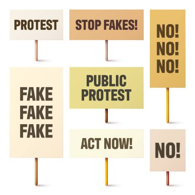 Ahşap tutacağında slogan olan renkli protesto tabelaları. Gerçekçi vektör gösterim pankartı. Eylem karton pano modellemesini sil.