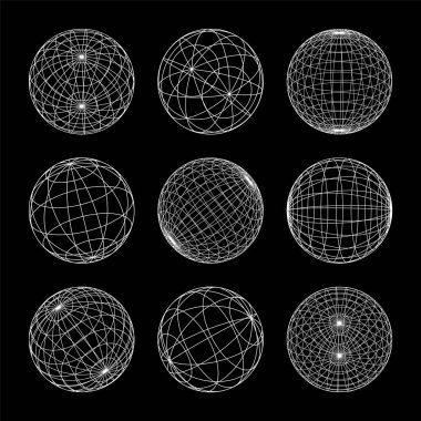 Kablo çerçeve şekilleri, çizgili küre. Perspektif ağı, 3 boyutlu ızgara. Düşük polimetrik elementler. Retro gelecek tasarım elementleri, y2k, buhar dalgası ve sentetik dalga tarzı. Vektör illüstrasyonu.