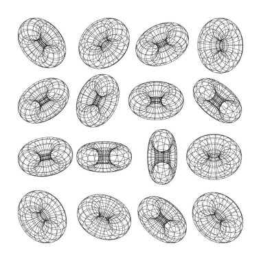 Kablo çerçeve şekilleri, çizgili torus. Perspektif ağı, 3 boyutlu ızgara. Düşük polimetrik elementler. Retro gelecek tasarım elementleri, y2k, buhar dalgası ve sentetik dalga tarzı. Vektör illüstrasyonu.