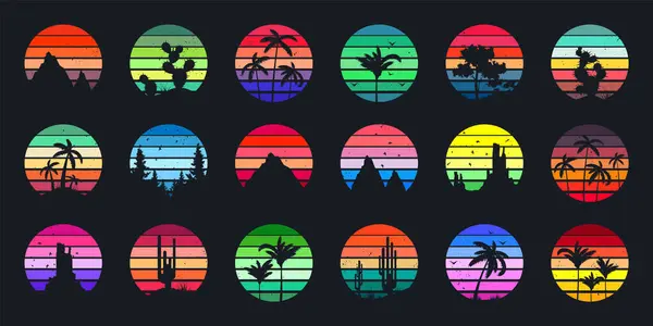 葡萄复古夕阳系列 色彩斑斓的日出徽章80年代和90年代风格 阳光和海洋的景色 夏天的景象 标识或T恤衫的设计元素 矢量说明 免版税图库插图