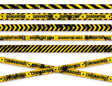 Eski grunge karantina bölgesi uyarı bandı. Romantik koronavirüs salgını. Küresel tecrit. Sarı koronavirüs tehlike şeridi. Polis uyarı hattı, yasak bölge. İnşaat bandı. Vektör illüstrasyonu.
