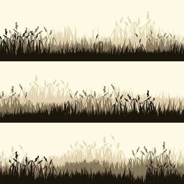 Grassilhouetten Met Gras Planten Vlakte Panoramisch Zomergazon Landschap Met Kruiden Vectorbeelden