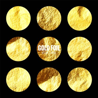 Altın folyo, parlak el yapımı daireler. Altın parıltılı doku, desen. Şatafatlı, parlak arka plan çizimi. Düğün, tebrik kartı dekorasyonu. Modern minimalist sanat. Vektör illüstrasyonu.