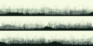 Otlu çayır siluetleri, ovadaki bitkiler. Panoramik yaz çimleri, otlar, çeşitli otlar. Bitki sınırı, çerçeve. Doğa geçmişi. Yeşil yatay pankart. Vektör illüstrasyonu.